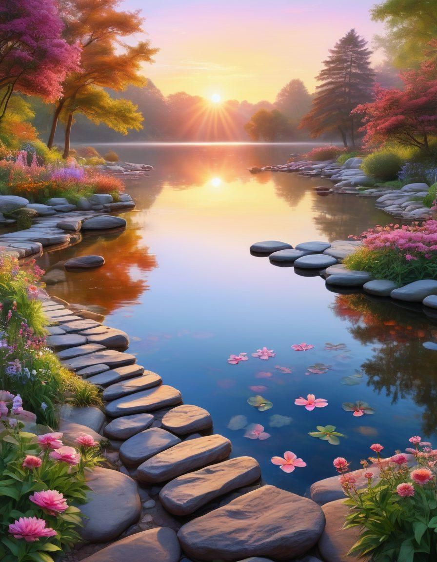 A serene landscape featuring a radiant sunrise over a tranquil lake, with ten stepping stones leading into the water, each stone labeled with one of the ten steps. In the foreground, a diverse group of joyful people embracing life, surrounded by blooming flowers and soaring birds. The sky is a palette of warm pastel colors, symbolizing hope and happiness. dreamy, ethereal, super-realistic. vibrant colors.