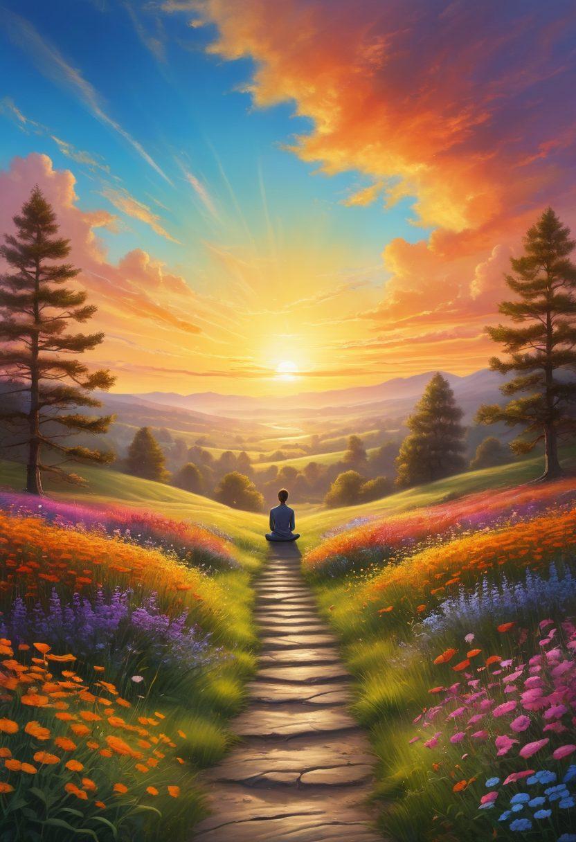 A serene landscape featuring a glowing sunrise over a peaceful meadow, symbolizing new beginnings and positivity. Include vibrant flowers blooming in diverse colors, with a path winding through the scene, inviting exploration. In the foreground, a silhouette of a person meditating, radiating warm, golden light, representing a radiant mindset. The sky should be painted in pastel colors, evoking a sense of peace and joy. super-realistic. vibrant colors. peaceful atmosphere.