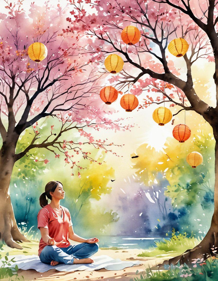 A serene landscape featuring a person meditating under a blossoming tree, rays of sunlight filtering through the leaves, symbolizing joy and tranquility. Surrounding them are ten fluttering, colorful paper lanterns, each representing a way to embrace happiness. Soft, warm colors evoke a feeling of bliss. watercolor-style.